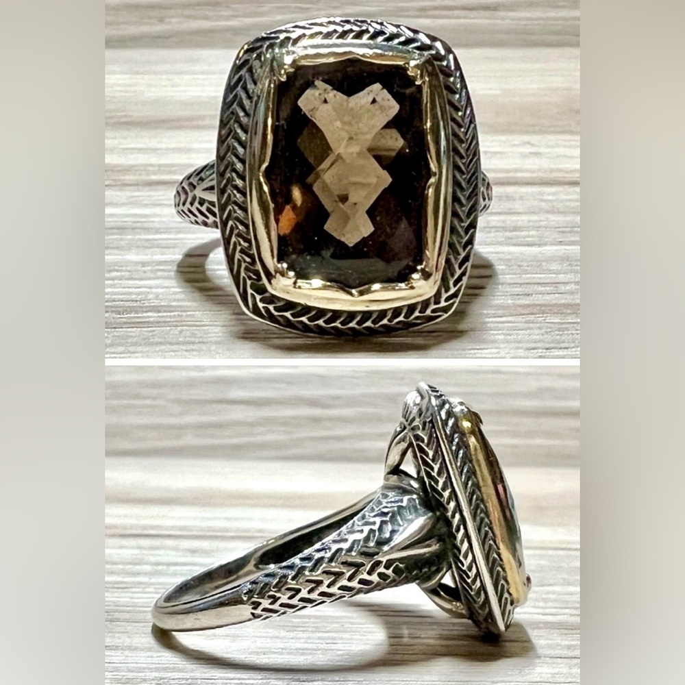 Vintage Designer Sterling Silver & Gold Brown Faceted Quartz Ring, Size 10